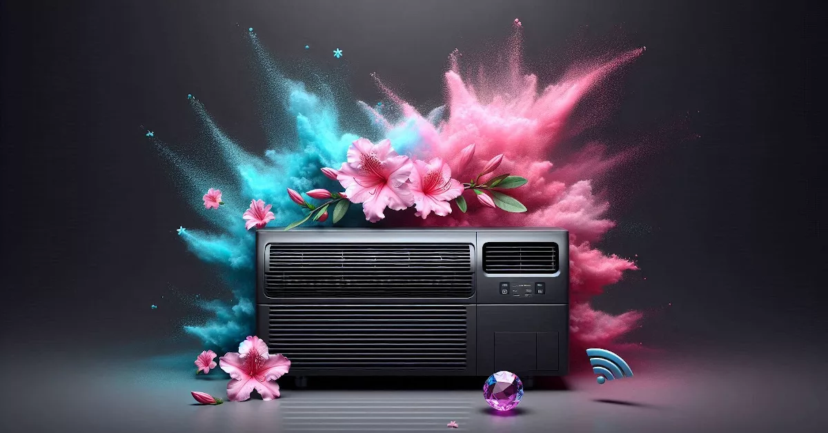 Ar-condicionado de janelal com design moderno, cercado por flores e partículas coloridas em rosa e azul.