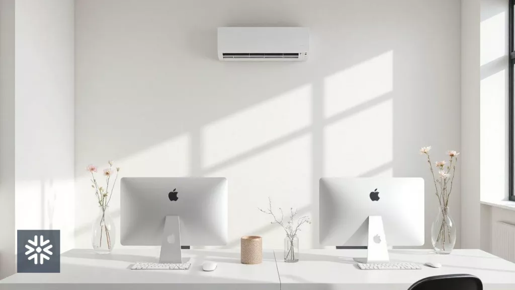 Escritório moderno com ar-condicionado e computadores Apple