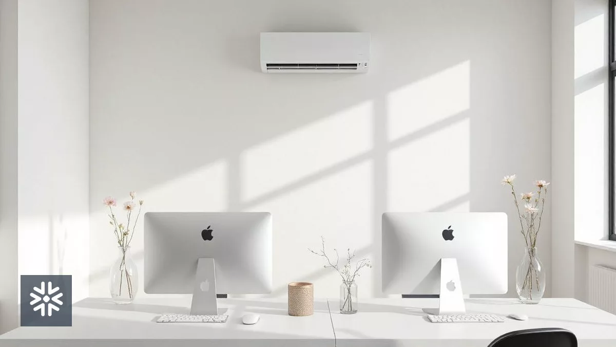 Escritório moderno com ar-condicionado e computadores Apple