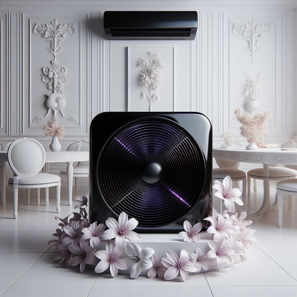 Quais as 5 melhores marcas de ar-condicionado? Um ar-condicionado moderno e um ventilador em uma sala elegante, cercados por flores brancas