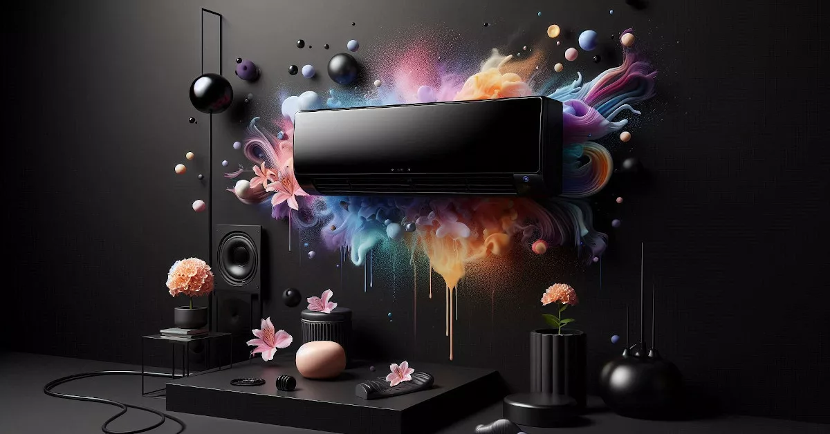 Ar-condicionado preto montado na parede com design moderno, rodeado por cores vibrantes em um fundo escuro, decorado com flores e objetos elegantes