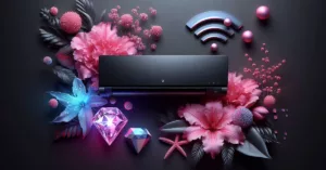 Ar-condicionado preto com Wi-Fi e flores rosa e azul em fundo sofisticado.