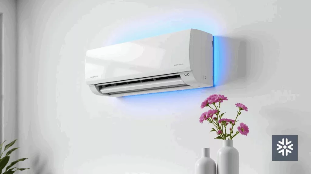 Ar-condicionado split moderno com iluminação azul na parede