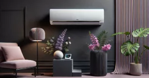 Ambiente elegante com ar-condicionado Daikin e decoração moderna.