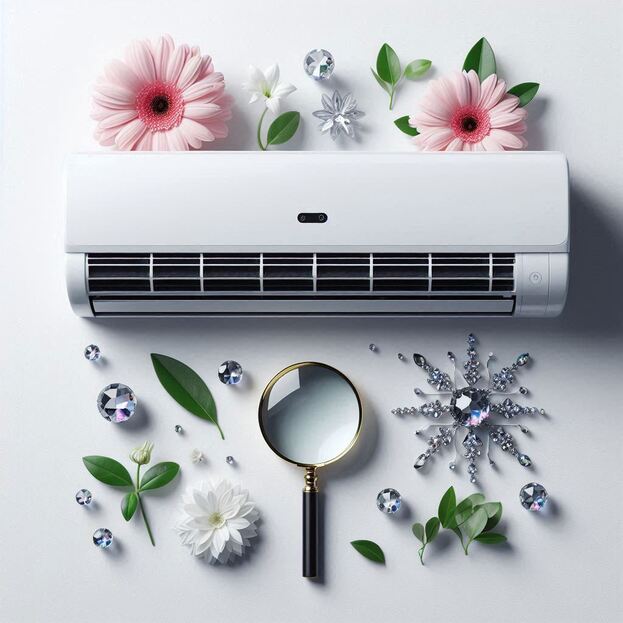 Ar condicionado inverter com flores e lupa