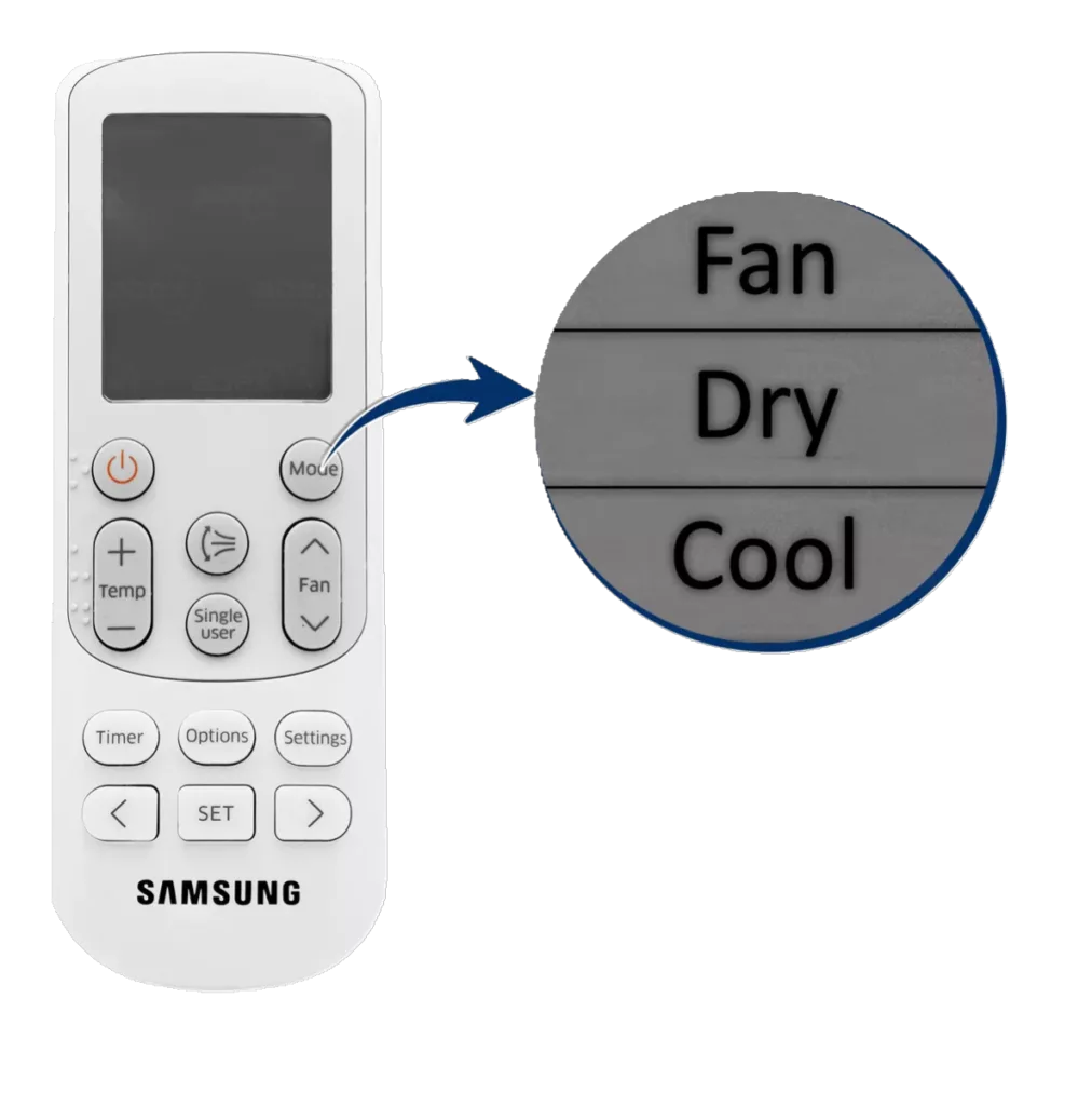 Selecionando o modo dry do ar condicionado samsung