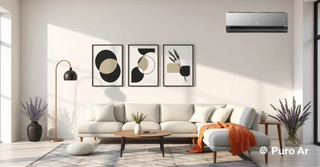 Sala moderna com sofá claro, ar-condicionado LG e decoração neutra