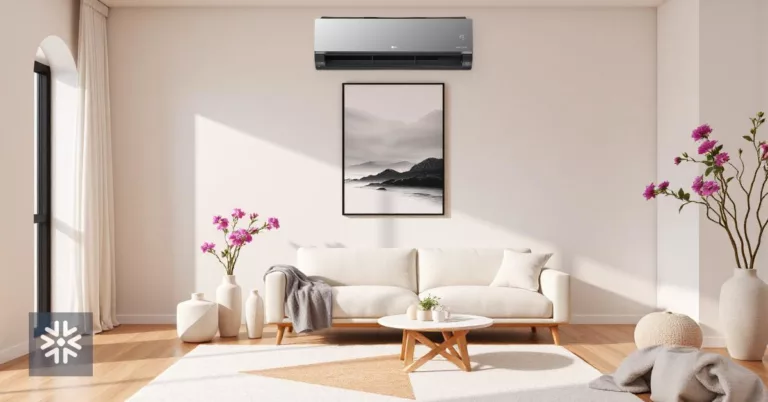 Sala moderna com ar-condicionado LG e decoração minimalista