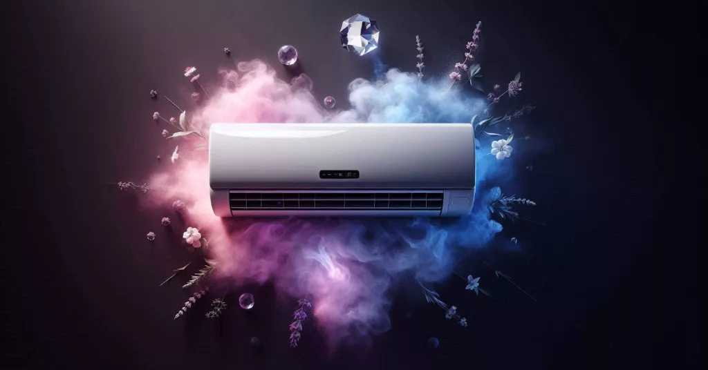 Ar-condicionado inverter moderno com design elegante e efeito visual colorido.