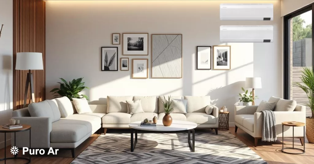 Sala moderna com 2 ar-condicionados na parede iluminada.