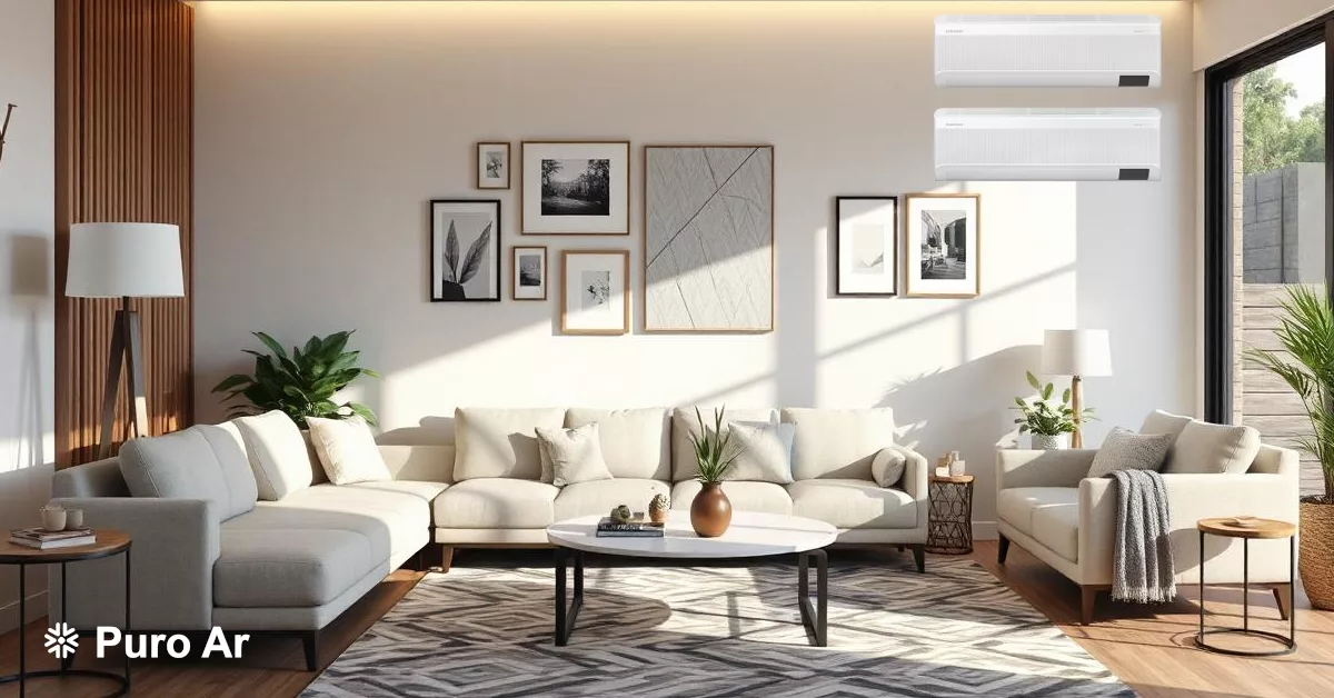 Sala moderna com 2 ar-condicionados na parede iluminada.