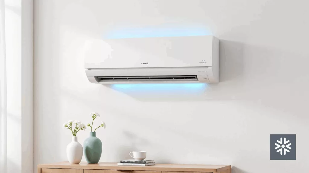 Ar-condicionado split branco com luz azul e decoração ao lado