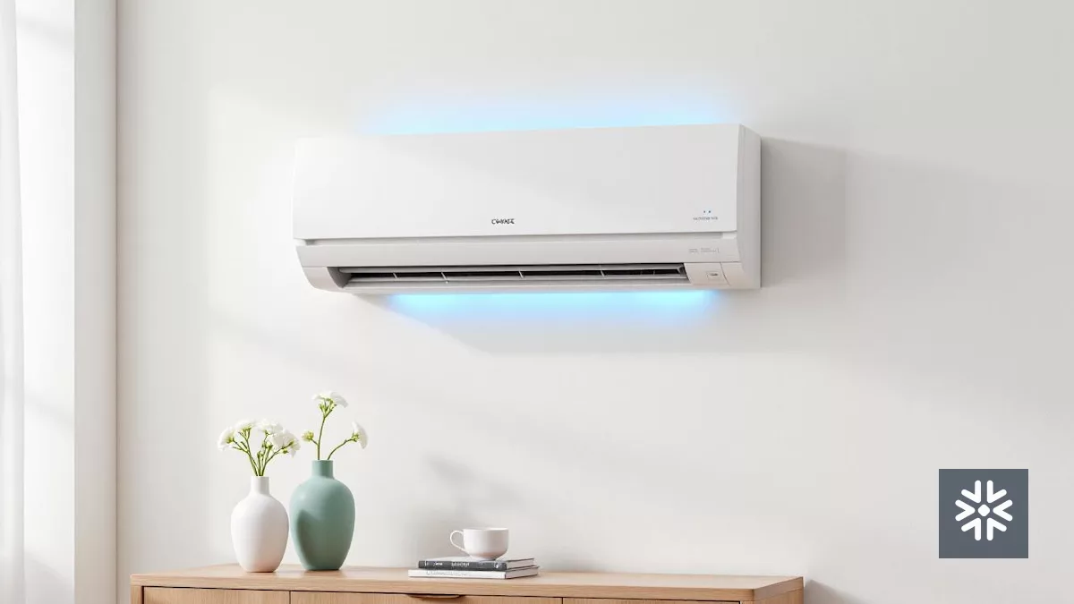 Ar-condicionado split branco com luz azul e decoração ao lado