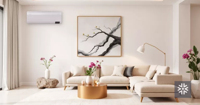 Sala de estar moderna com sofá bege, ar-condicionado e decoração minimalista.