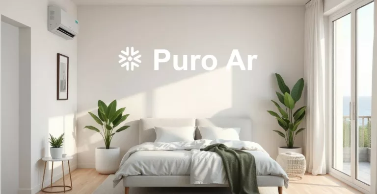 Quarto minimalista com ar-condicionado e plantas naturais.