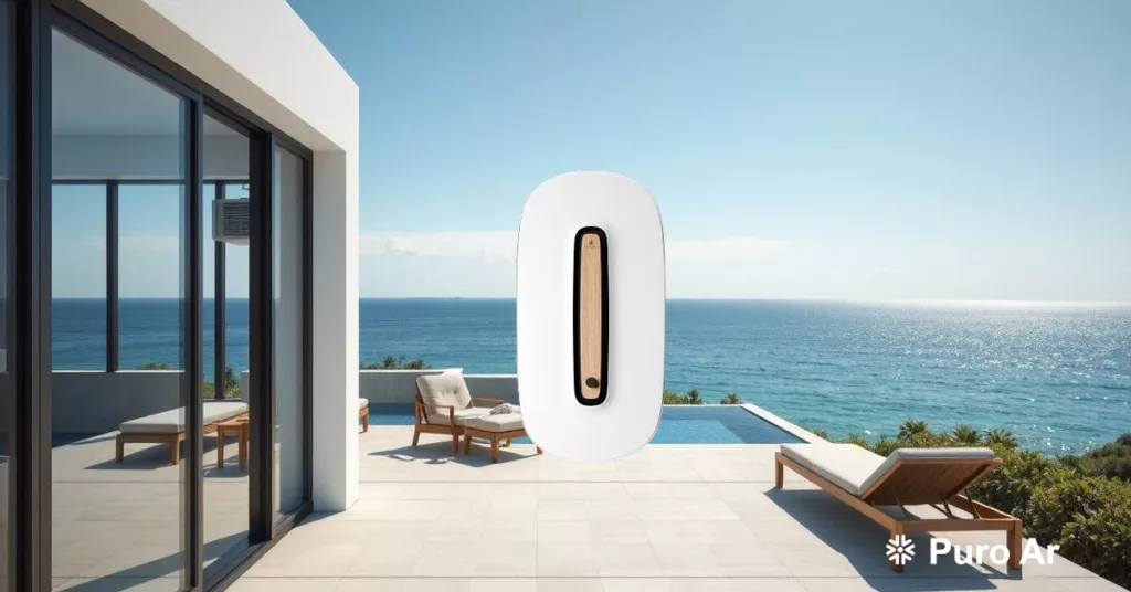 Ar-condicionado sustentável Caeli Energie em ambiente luxuoso à beira-mar.