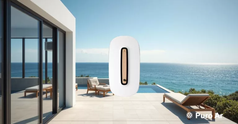 Ar-condicionado sustentável Caeli Energie em ambiente luxuoso à beira-mar.