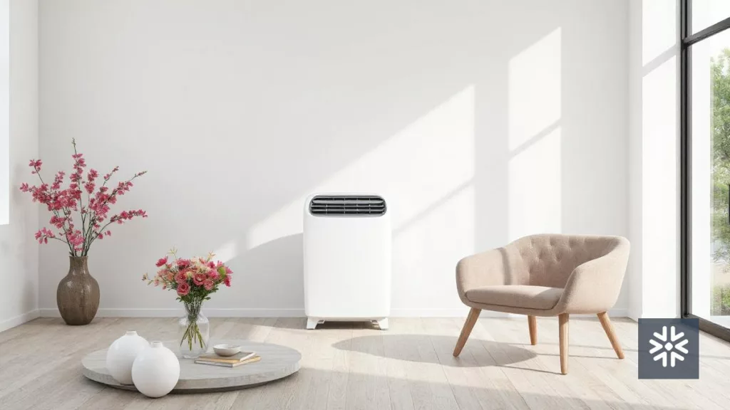 Climatizador portátil em sala moderna e iluminada