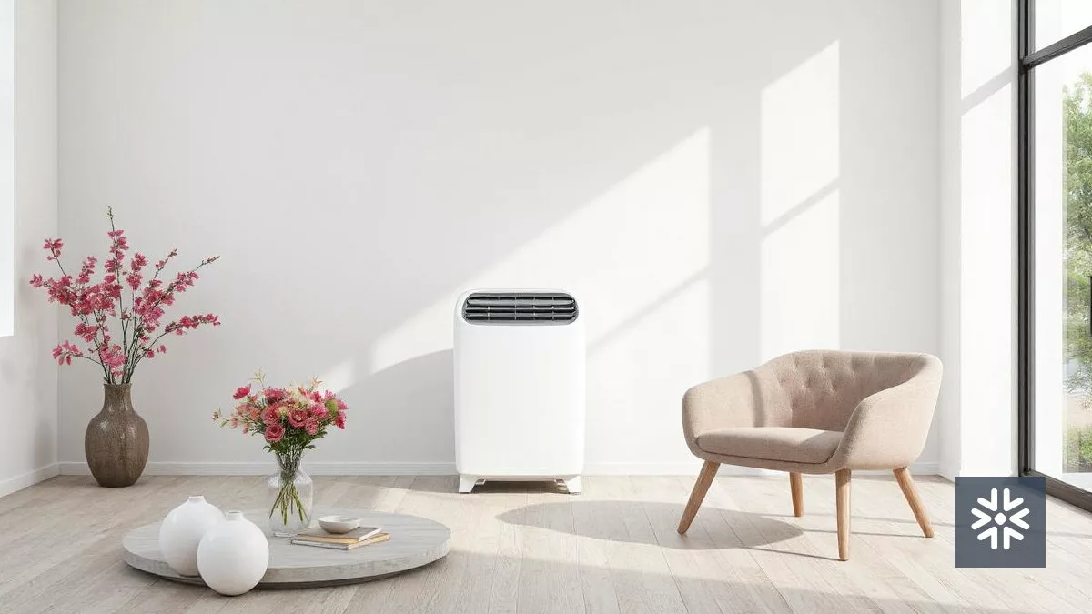 Climatizador portátil em sala moderna e iluminada