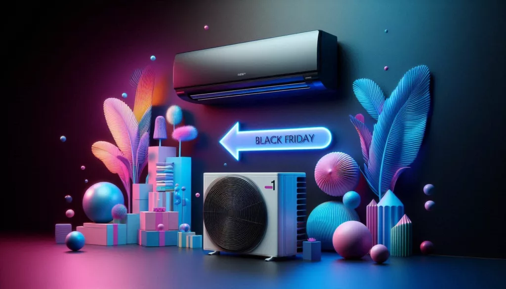 Ar-condicionado com promoção de Black Friday em ambiente futurista