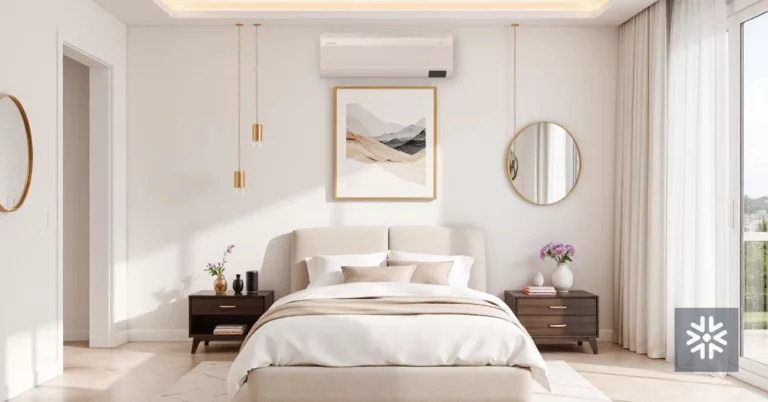 Quarto moderno com ar-condicionado e decoração minimalista