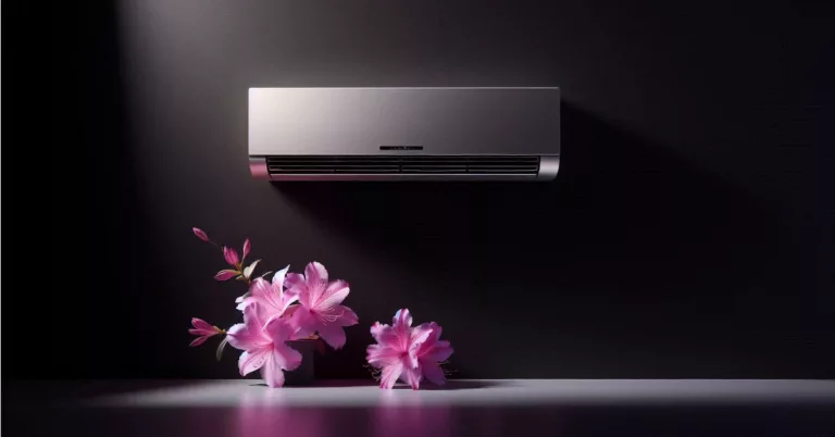 Ar-condicionado moderno em parede preta com flores rosas decorativas na base