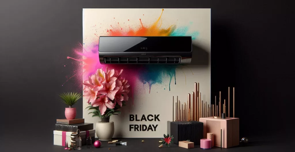 Promoção de Black Friday: ar-condicionado com flores e fundo vibrante destacando oferta.