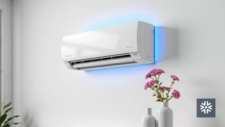 Ar-condicionado split moderno com iluminação azul na parede