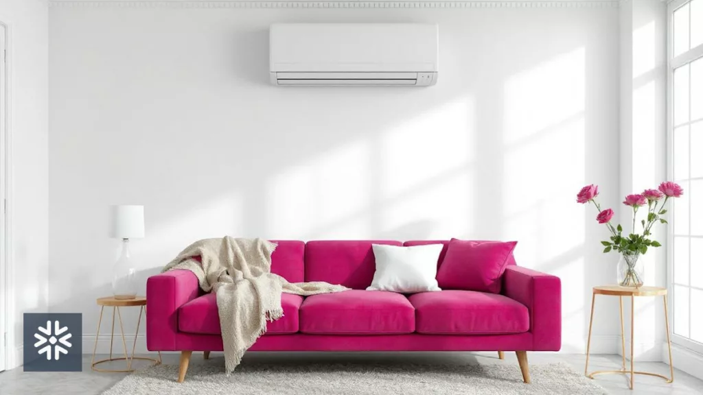 Sala moderna com sofá rosa e ar-condicionado na parede