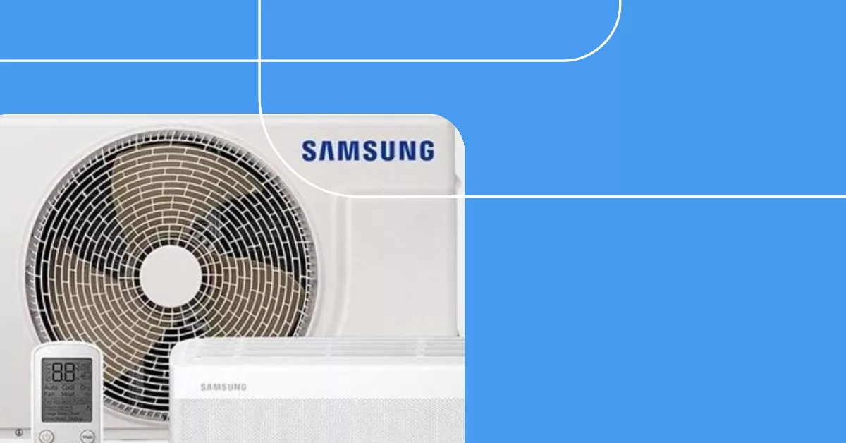 Ar-condicionado Samsung com controle remoto e unidade externa.