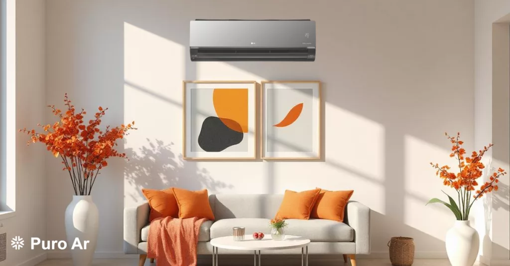 Sala moderna com LG Inverter na parede, decoração elegante.