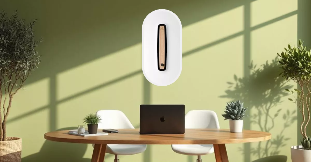 CAELI ENERGIE Onde Comprar o Ar Condicionado Revolucionário 2025 2 Ambiente de escritório moderno e minimalista com parede verde e mesa de madeira, decorado com plantas e um laptop. Na parede, um ar-condicionado inovador de design elegante, branco com detalhe em madeira.