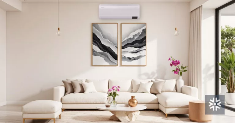 Sala moderna com ar-condicionado split e decoração minimalista