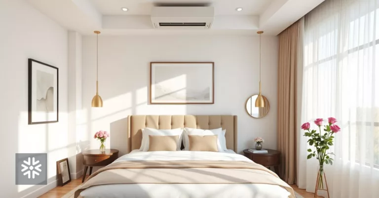 Quarto moderno com decoração neutra e iluminação natural