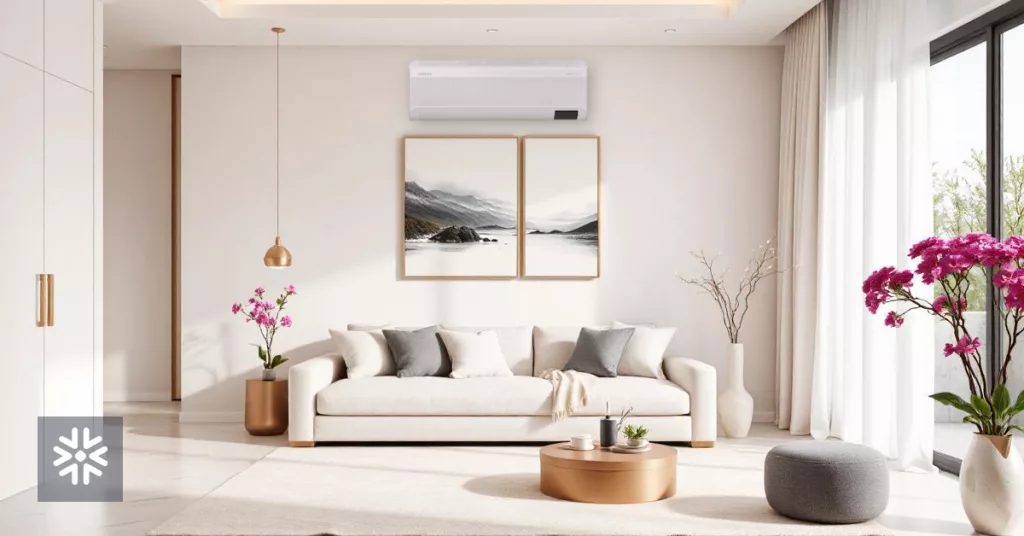 Sala de estar moderna com ar-condicionado e decoração clean