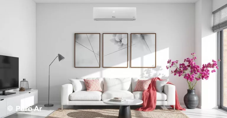 Sala moderna com sofá branco, ar-condicionado e decoração clean