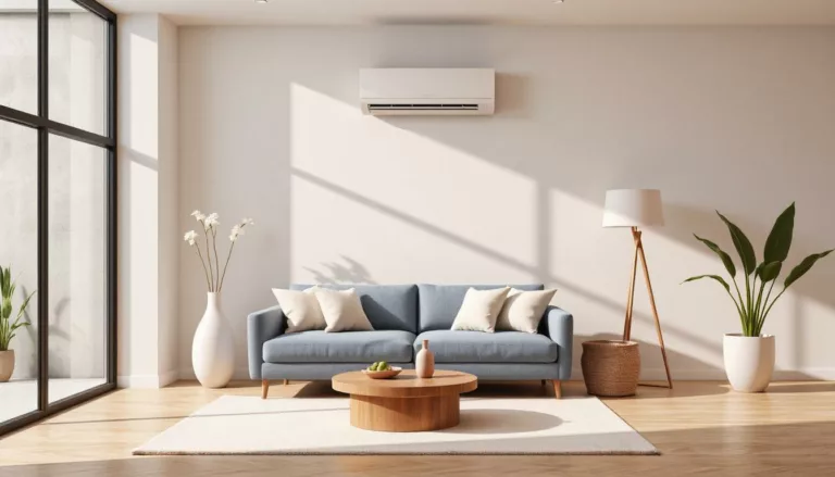 Sala minimalista com sofá azul e decoração clean