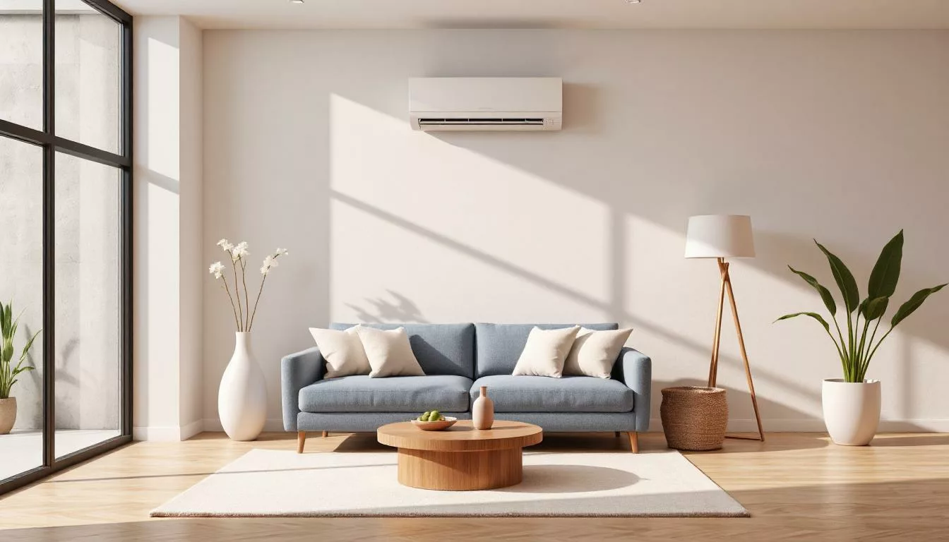 Sala minimalista com sofá azul e decoração clean