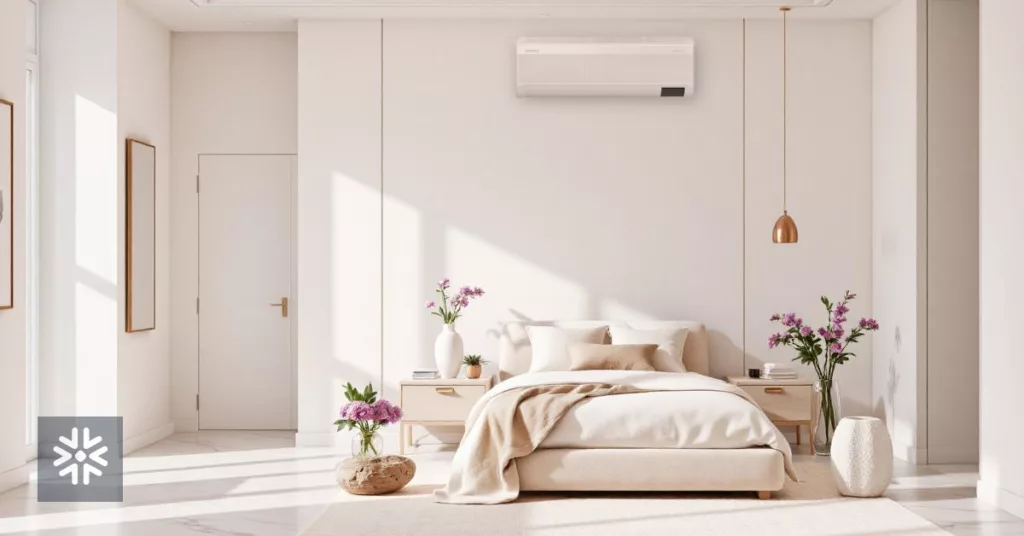 Quarto moderno com ar-condicionado e decoração aconchegante