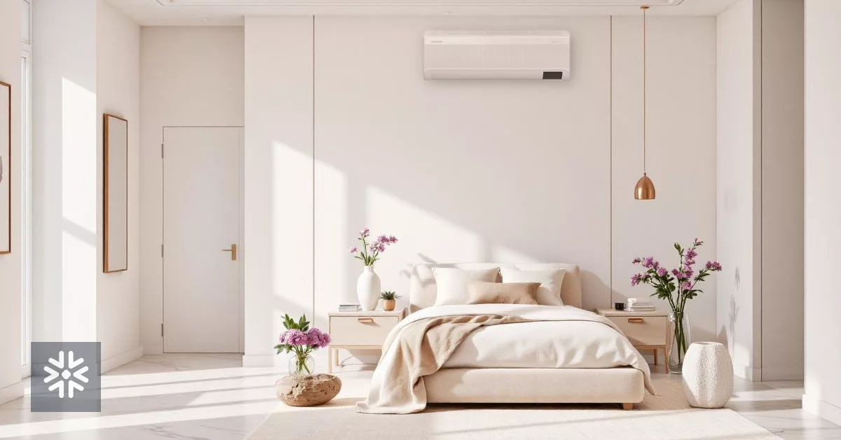 Quarto moderno com ar-condicionado e decoração aconchegante