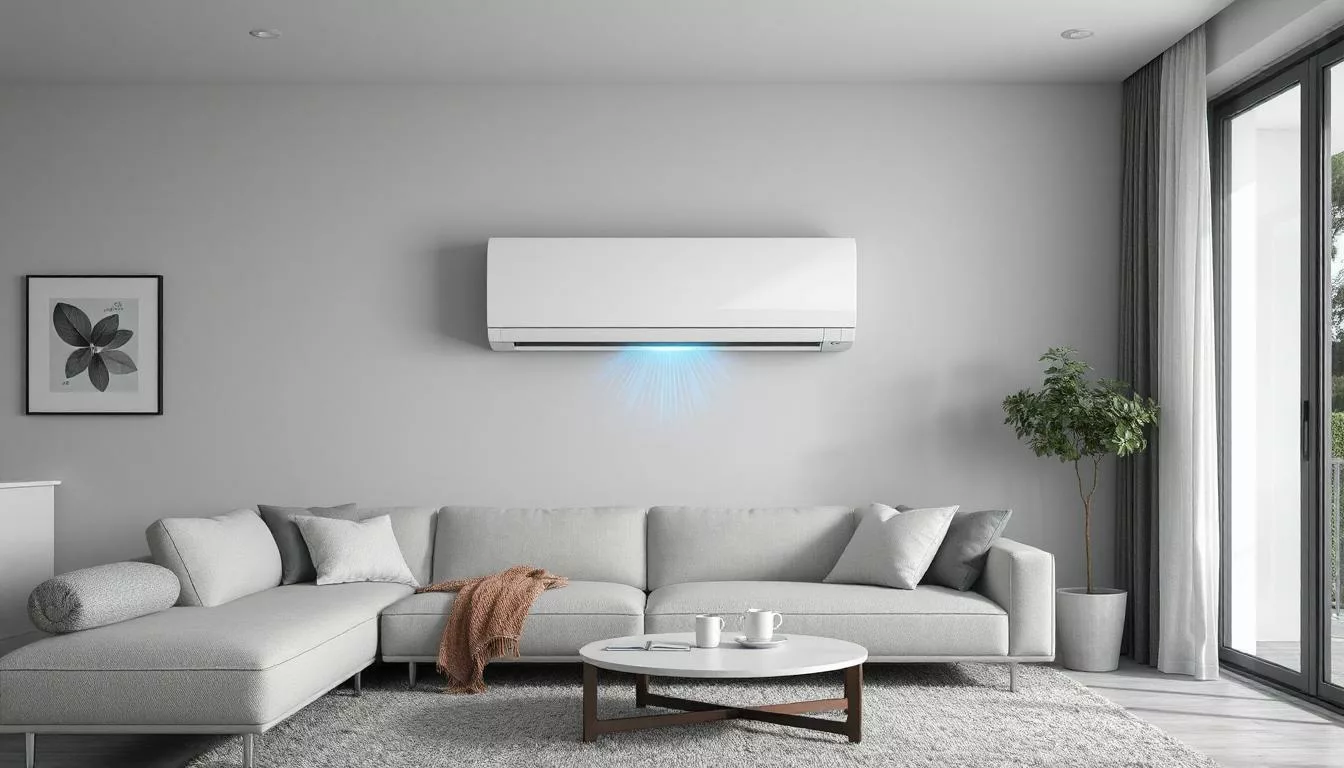 Sala moderna com ar-condicionado split em funcionamento