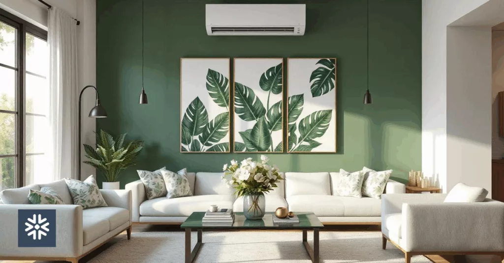 Sala moderna com Ar-Condicionado Inverter e decoração verde