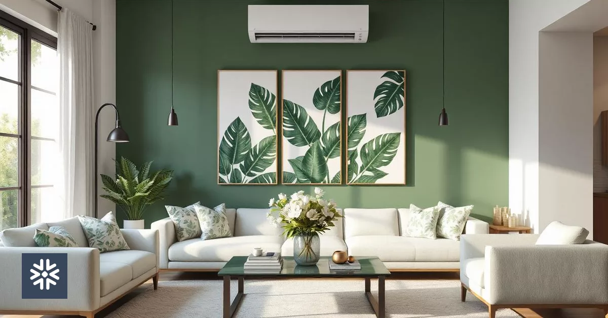 Sala moderna com Ar-Condicionado Inverter e decoração verde