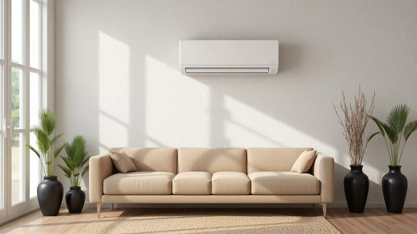 Sala moderna com sofá bege e ar-condicionado